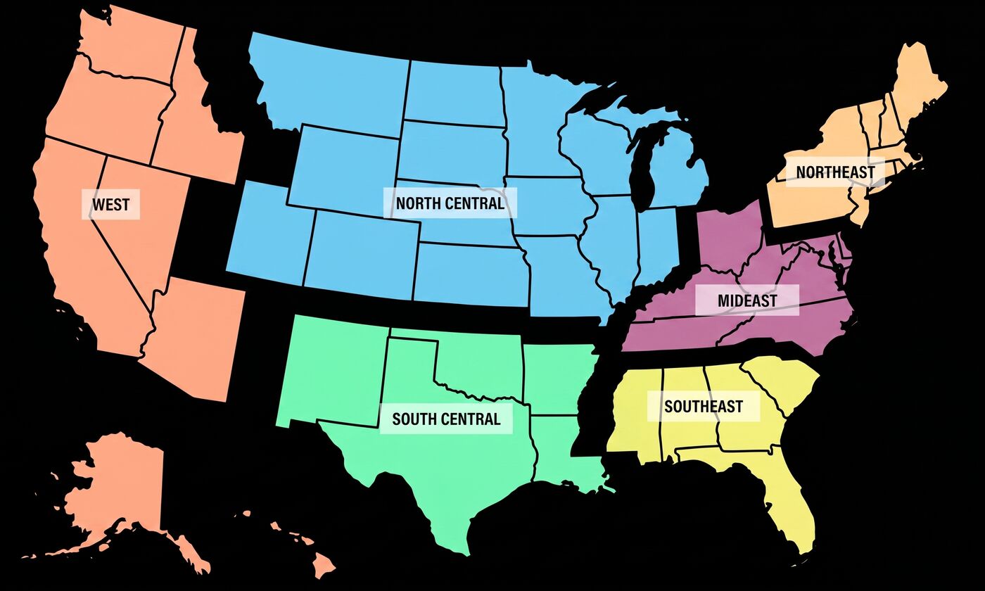Map of the six LSMAF competition districts: West, North Central, Mideast, Northeast, South Central, and Southeast.